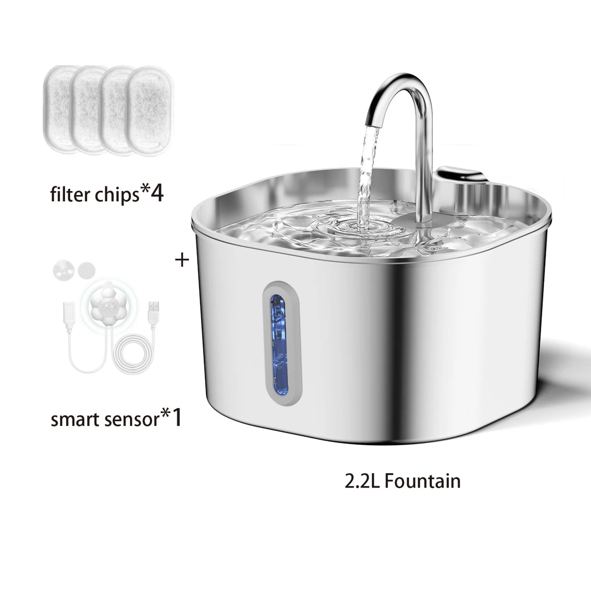 ZYFeeder 2.2L Automatic Cat Water Fountain Square Stainless Steel Pet Water Feeder Dog Water Fountain with window（No 5V 1A Plug） Deals 4 U   Deals 4 U