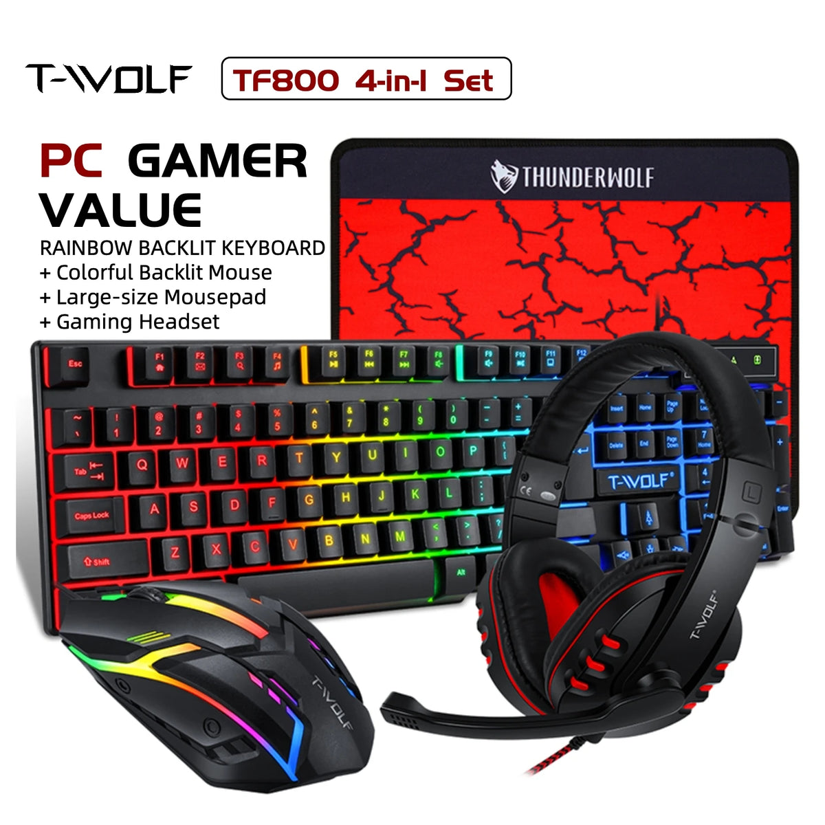 T-WOLF RGB Gaming Keyboard Mouse Headset Mousepad 4 in 1 Combo Wired Mechanical Feel LED Backlit Set for PC Desktop Laptop Gift