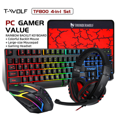 T-WOLF RGB Gaming Keyboard Mouse Headset Mousepad 4 in 1 Combo Wired Mechanical Feel LED Backlit Set for PC Desktop Laptop Gift