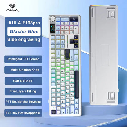AULA F108 Pro Gaming Mechanical Keyboard Tri Mode Custom Multi-Knob Screen RGB Esports Wireless Keyboard with TFT Smart Display