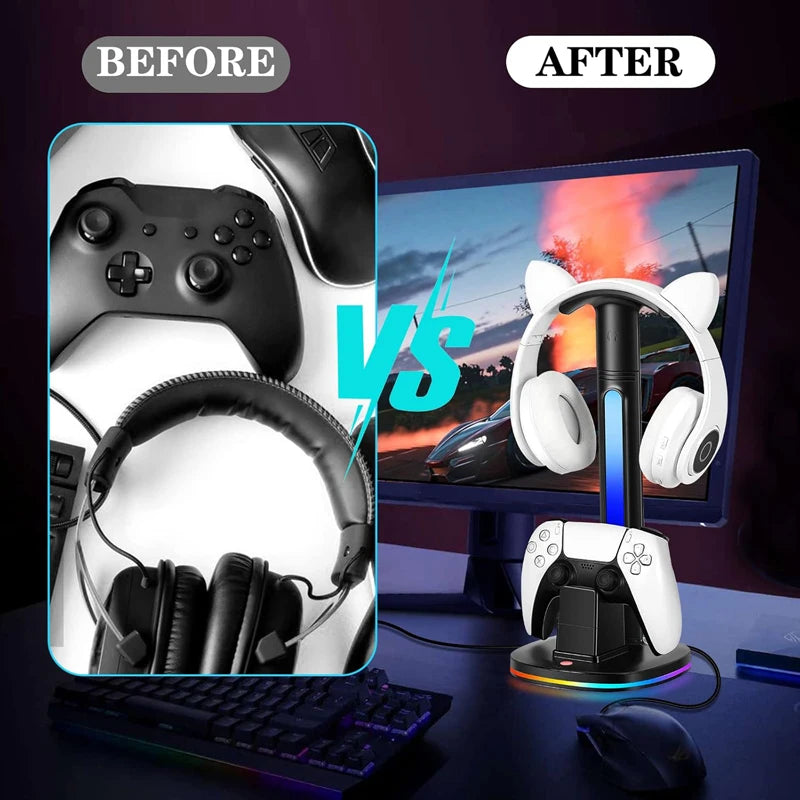 Controller Charging Station W RGB Headphone Stand Charger Holder W 2 USB Port Headset Stand for PS5/4 Xbox Series X/S  Switch