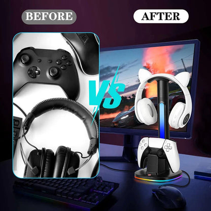 Controller Charging Station W RGB Headphone Stand Charger Holder W 2 USB Port Headset Stand for PS5/4 Xbox Series X/S  Switch