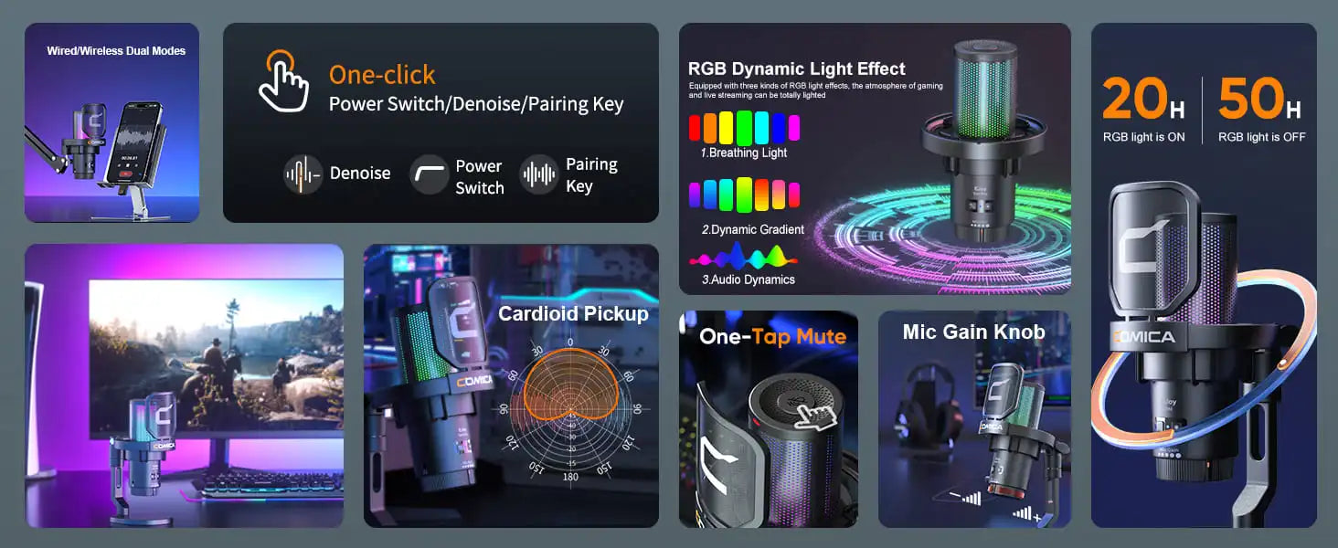 COMICA Uni Pro Wireless USB Gaming Microphone for PC Laptop Smartphone Noise Cancellation Condenser Mic with RGB Lights Deals 4 U  Streaming Equipment Deals 4 U