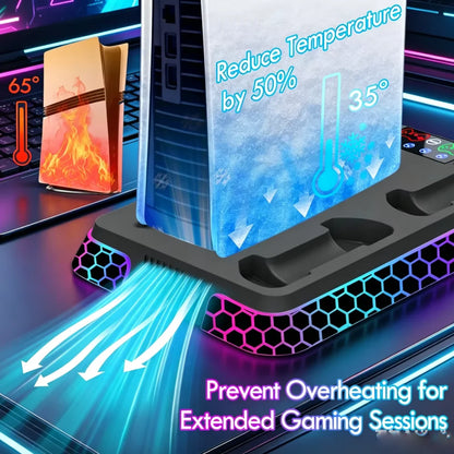 For PS5/PS5 Slim/PS5 Pro All-in-One Cooling Stand Base Model with RGB Lighting Effects Storage Function game Controller base