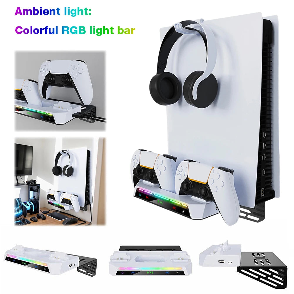 For PS5/PS5 Slim Wall Mount Kit With Dual Controller Charging Station Controller Headset Holder For Playstation 5 Accessories Deals 4 U   Deals 4 U