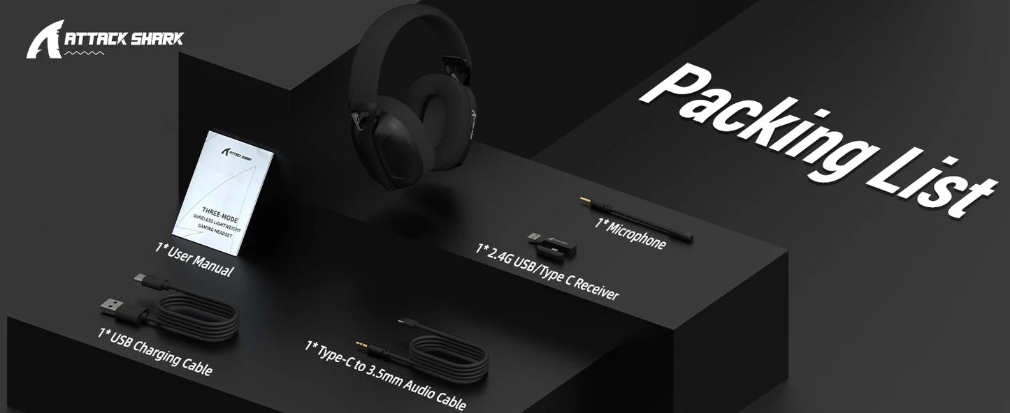 ATTACK SHARK L80 180g Ultra-Light Gaming Headset, Pluggable Microphone, Wired/Bluetooth/2.4G Wireless, 5.1 Channel Stereo Sound