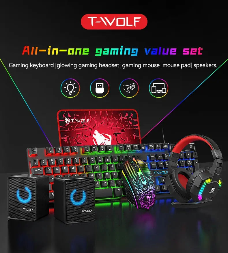 5-in-1 Set Gaming Combo Keyboard 4-color Breathing Light Mouse 3.5mm Gaming Headset Gaming Speaker Anti-slip Mouse Pad NEW HOT Deals 4 U  Gaming Accessories Deals 4 U