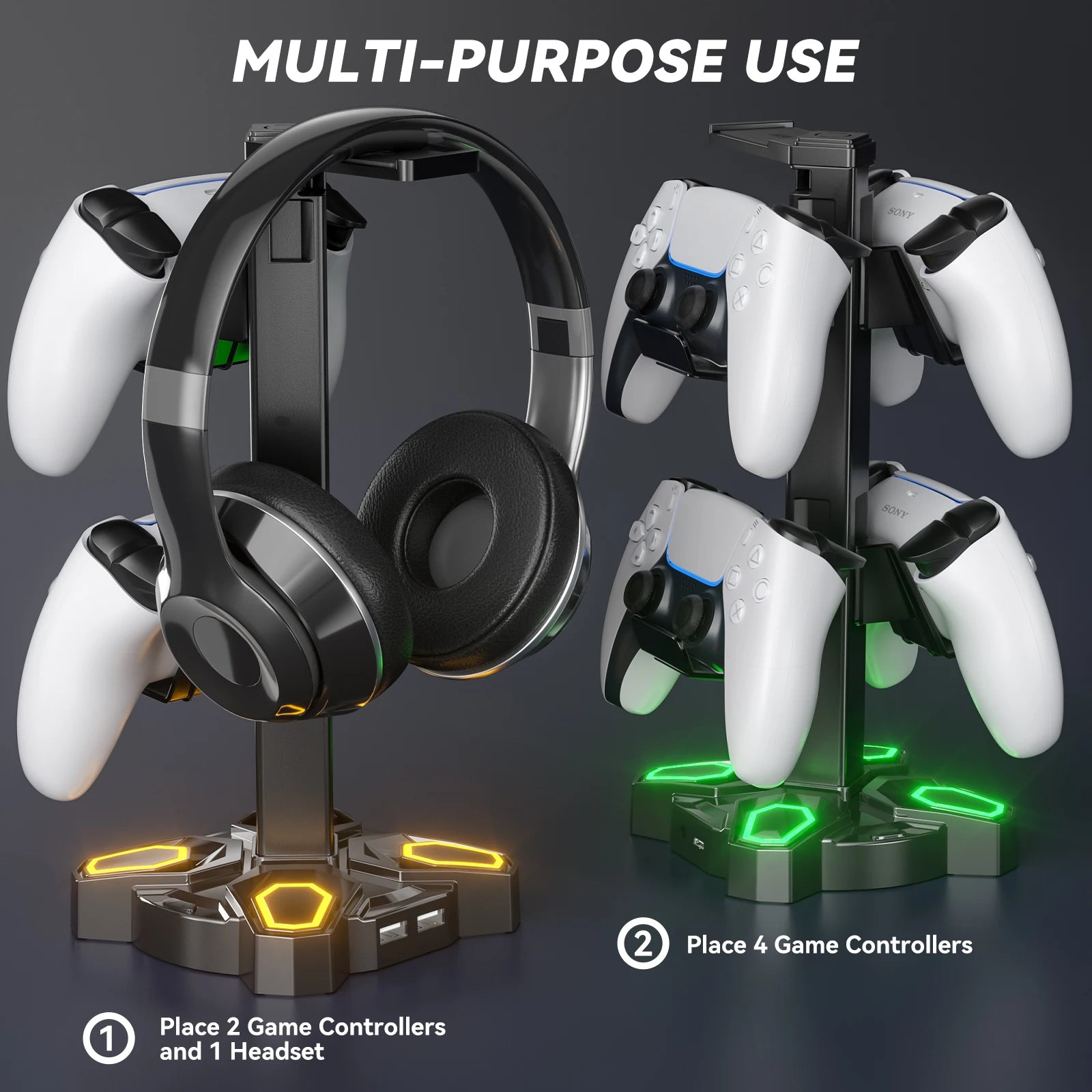 USB Hub Controller Holder Headphones Stand Rotatable Headset Stand with 9 Light Modes with 2 USB Charging Type-C Ports Deals 4 U   Deals 4 U