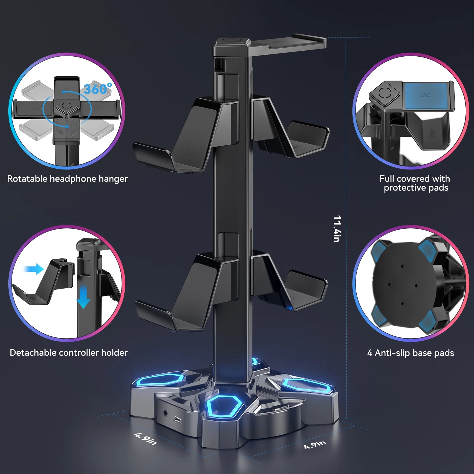 USB Hub Controller Holder Headphones Stand Rotatable Headset Stand with 9 Light Modes with 2 USB Charging Type-C Ports Deals 4 U   Deals 4 U