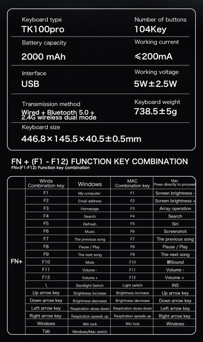 TK100 wireless Bluetooth wired triple-mode mechanical feel keyboard with high-definition display, rotary knob and RGB lighting