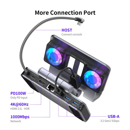 6-in-1 Gaming Console Cooling Dock with Metal Bracket RGB Dual Fans Adjustable Height for ROG ALLY Steam Deck LEGION Go Ipad