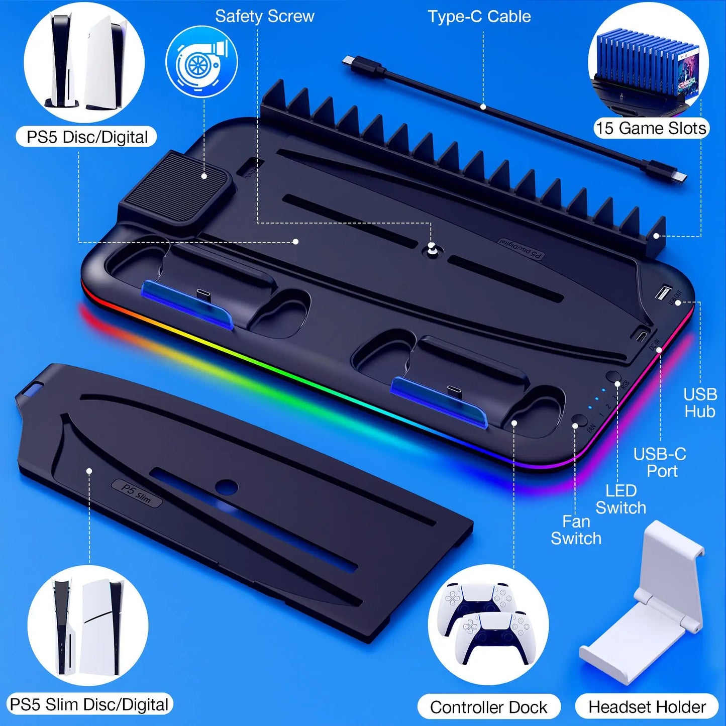 BEBONCOOL S2000 PS5 Slim Stand | 3-Gear Cooling RGB Light Dual Charger 15 Game Slot Headset Holder for Disc/Digital Pro Gaming