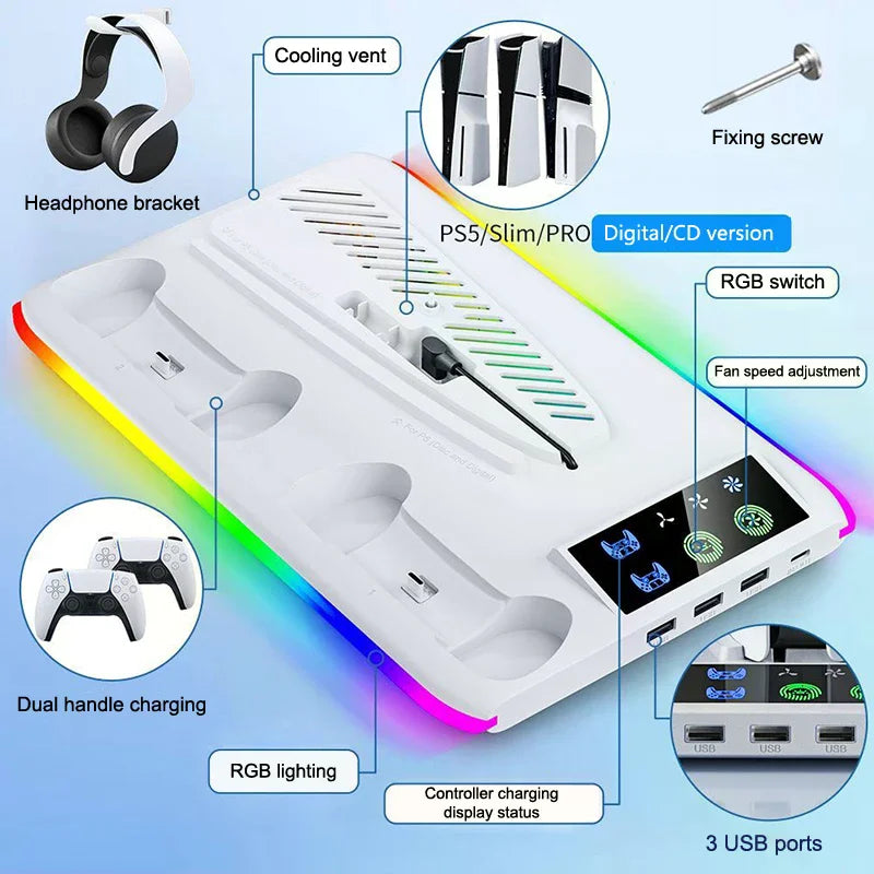 For PS5 Slim/PS5 Stand Cooling Holder & Controller Charging Station With Headphone Hook RGB Light 3 Levels Cooling Fan For PS5
