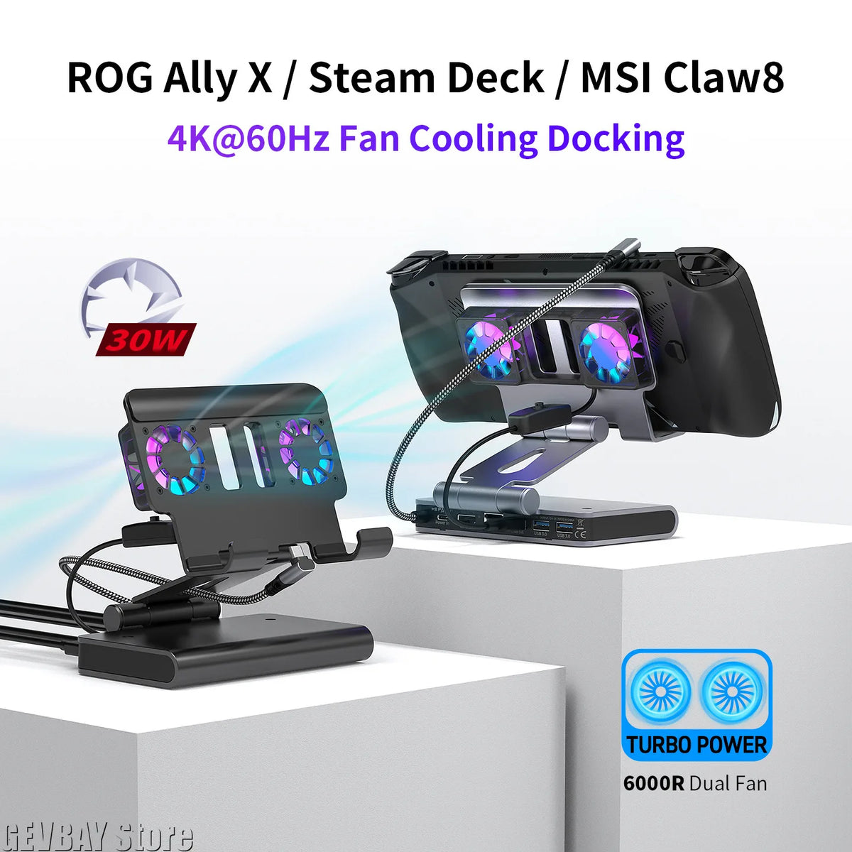6-in-1 Gaming Console Cooling Dock with Metal Bracket RGB Dual Fans Adjustable Height for ROG ALLY Steam Deck LEGION Go Ipad