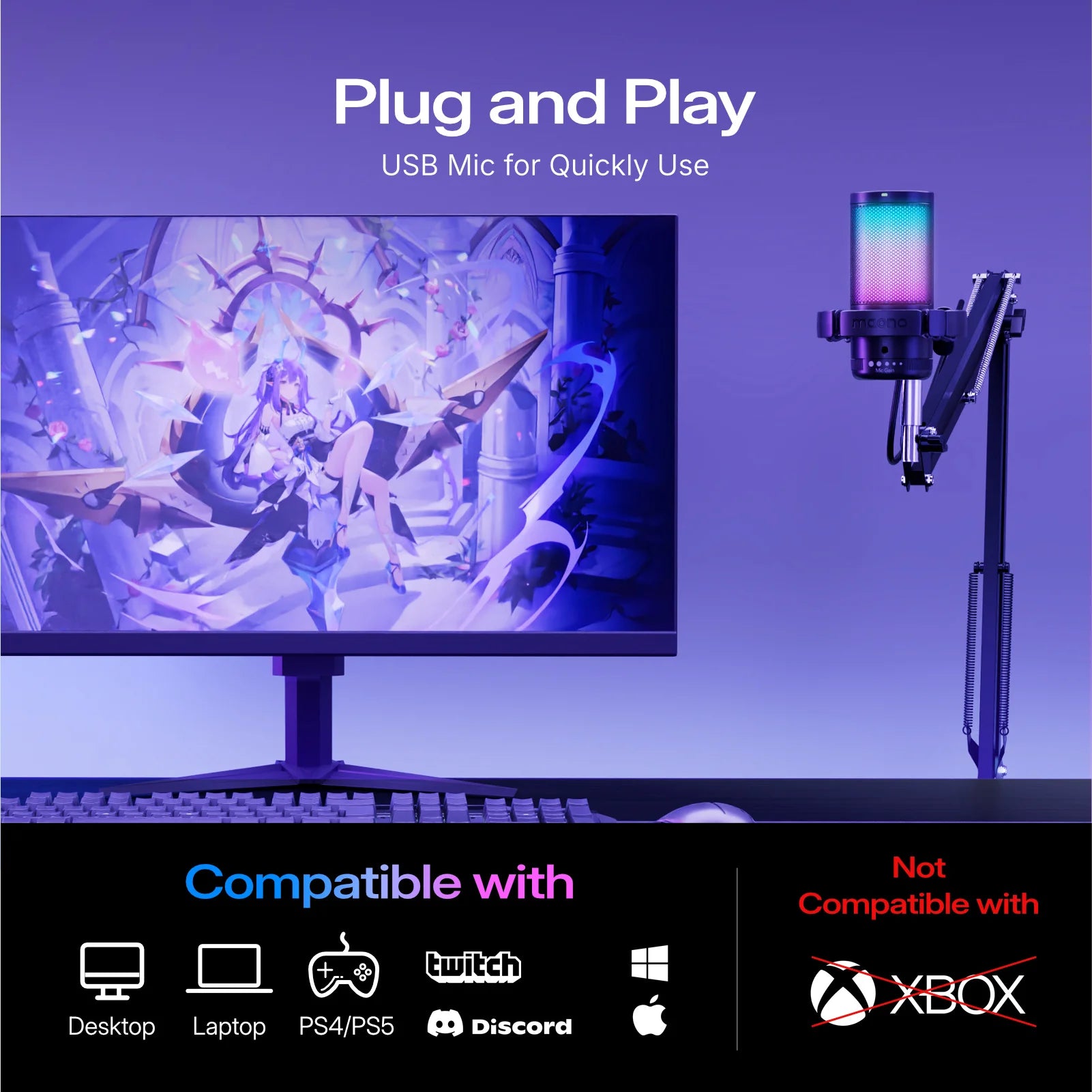 MAONO DGM20S Gaming Microphone USB Condenser Microphone with RGB Light Noise Cancellation Boom Arm for Live Streaming Podcast Deals 4 U   Deals 4 U