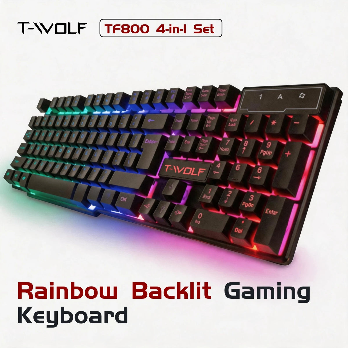 T-WOLF RGB Gaming Keyboard Mouse Headset Mousepad 4 in 1 Combo Wired Mechanical Feel LED Backlit Set for PC Desktop Laptop Gift