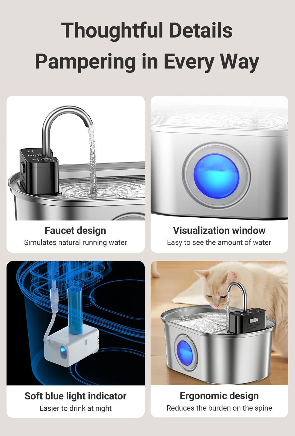 ROJECO 3.2L Stainless Steel Cat Water Fountain Wireless Sensor Smart Automatic Dog Water Dispenser Drinking Fountain 4000mAh Deals 4 U   Deals 4 U