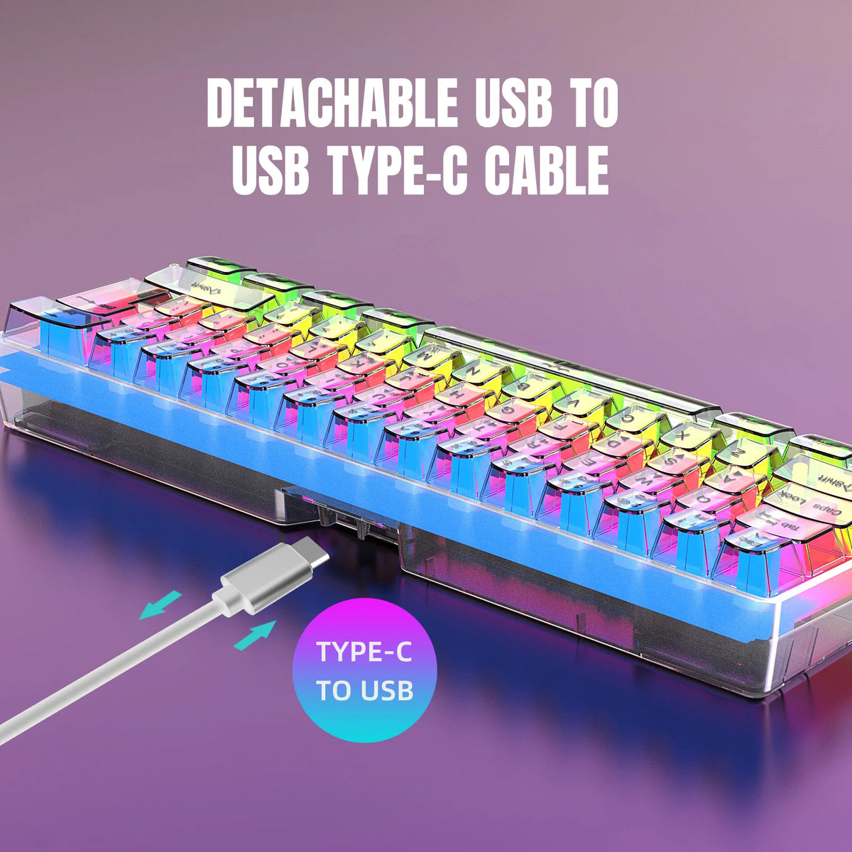 HXSJ 60% Wired Transparent Gaming Keyboard, RGB Backlit Ultra-Compact Waterproof Small Compact 61 Keys Keyboard for PC/Mac