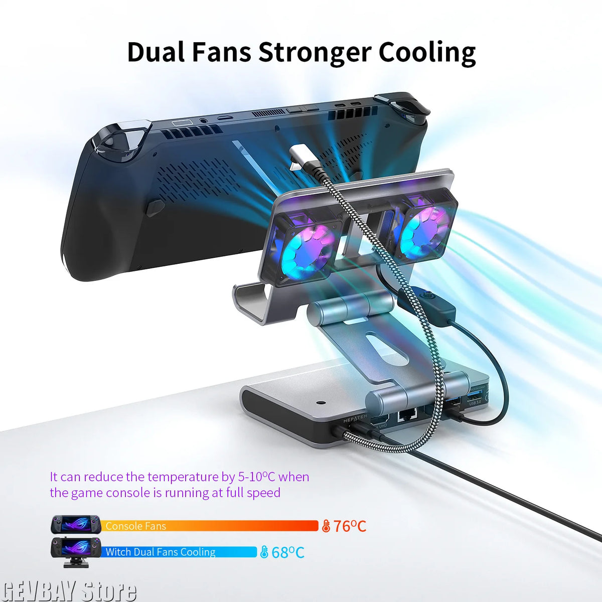 6-in-1 Gaming Console Cooling Dock with Metal Bracket RGB Dual Fans Adjustable Height for ROG ALLY Steam Deck LEGION Go Ipad