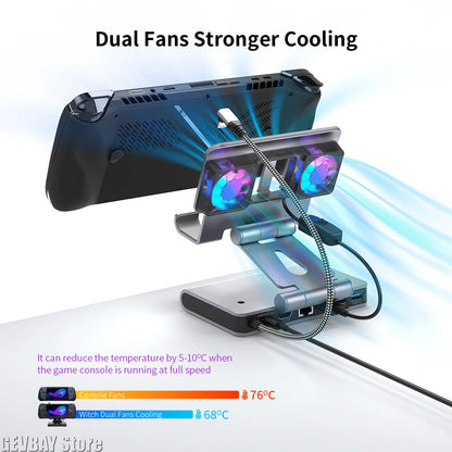 6-in-1 Gaming Console Cooling Dock with Metal Bracket RGB Dual Fans Adjustable Height for ROG ALLY Steam Deck LEGION Go Ipad