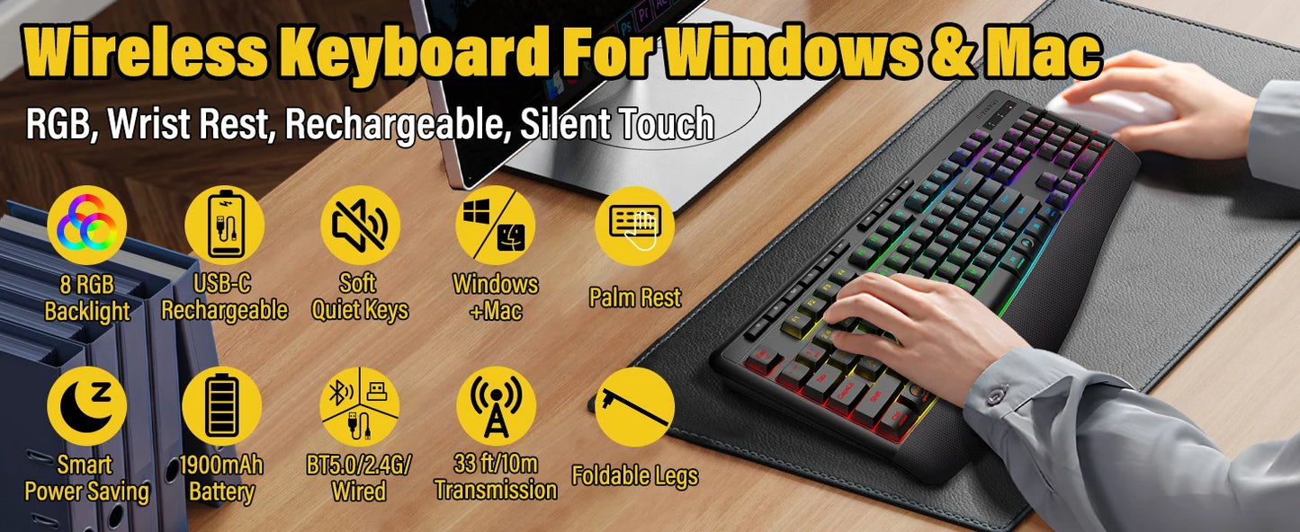 FocusOnPC K787 2.4G Tri-Mode Wireless Gaming Keyboard, 104 Keys RGB Backlit, Ergonomic USB-C Plug-and-Play Keyboard, 1900mAh Battery, Auto Sleep & Low Battery Alert, Silent Typing for Game
