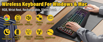 FocusOnPC K787 2.4G Tri-Mode Wireless Gaming Keyboard, 104 Keys RGB Backlit, Ergonomic USB-C Plug-and-Play Keyboard, 1900mAh Battery, Auto Sleep & Low Battery Alert, Silent Typing for Game