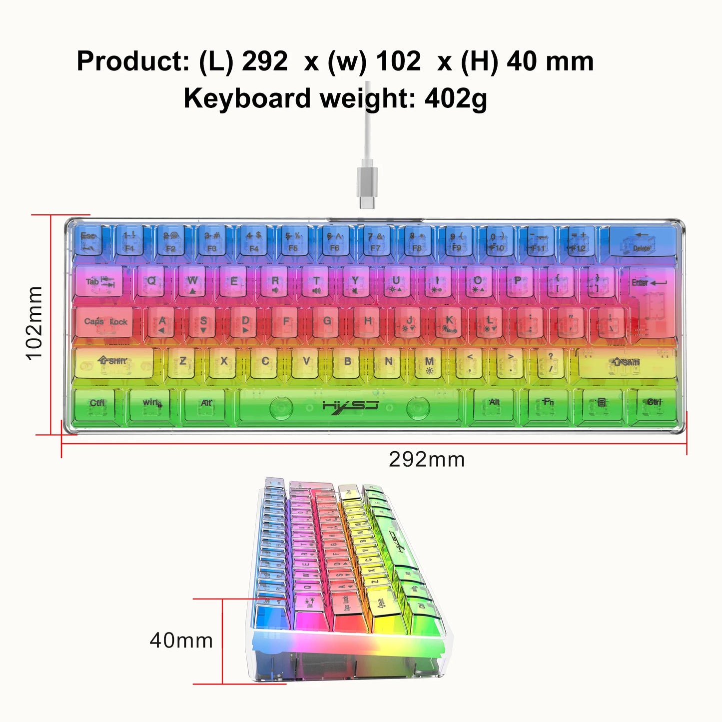 HXSJ 60% Wired Transparent Gaming Keyboard, RGB Backlit Ultra-Compact Waterproof Small Compact 61 Keys Keyboard for PC/Mac