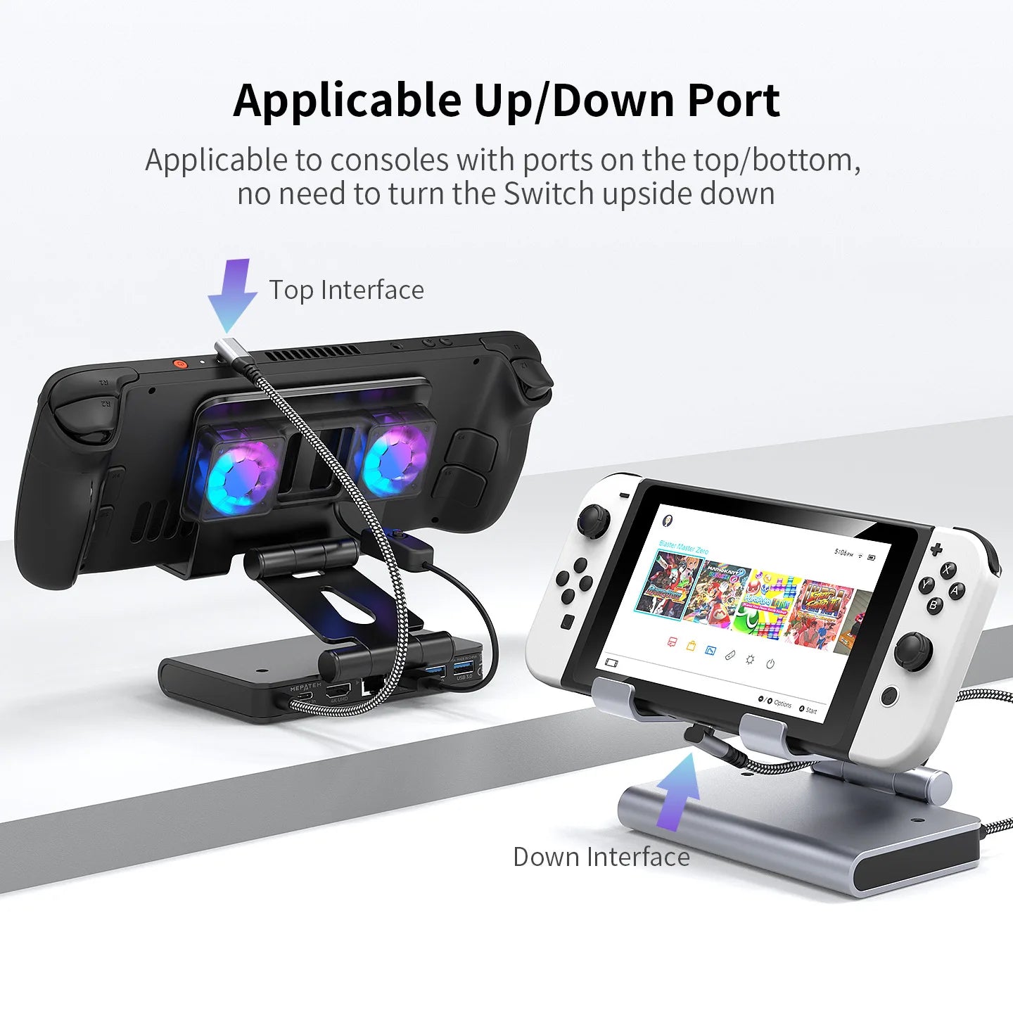 6-in-1 Gaming Console Cooling Dock with Metal Bracket RGB Dual Fans Adjustable Height for ROG ALLY Steam Deck LEGION Go Ipad