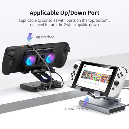 6-in-1 Gaming Console Cooling Dock with Metal Bracket RGB Dual Fans Adjustable Height for ROG ALLY Steam Deck LEGION Go Ipad