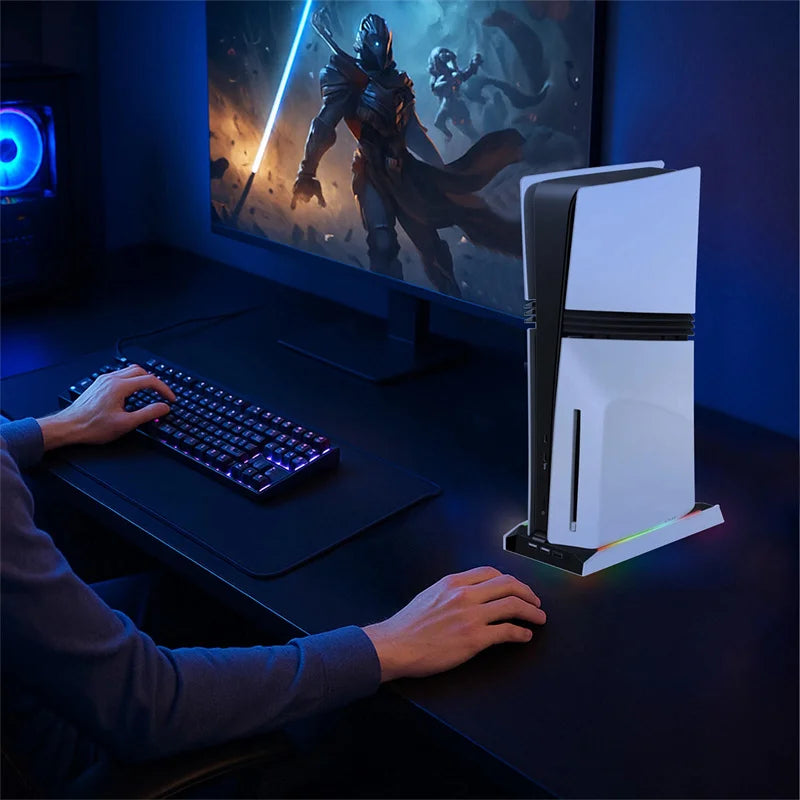 For PS5 Slim/PS5 Pro Vertical Cooling Stand Base RGB VR Headset Controller Charger Dock Station W/ 3-Speed Cooling Fan For PS5
