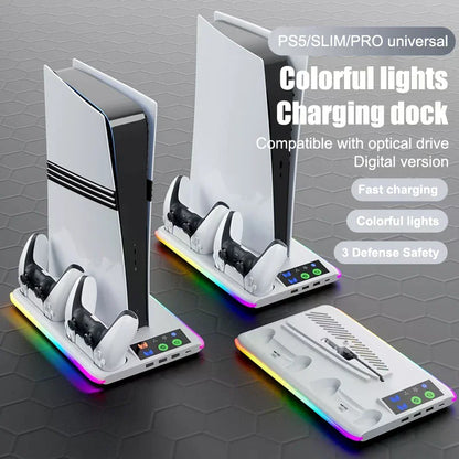 For PS5 Slim/PS5 Stand Cooling Holder & Controller Charging Station With Headphone Hook RGB Light 3 Levels Cooling Fan For PS5