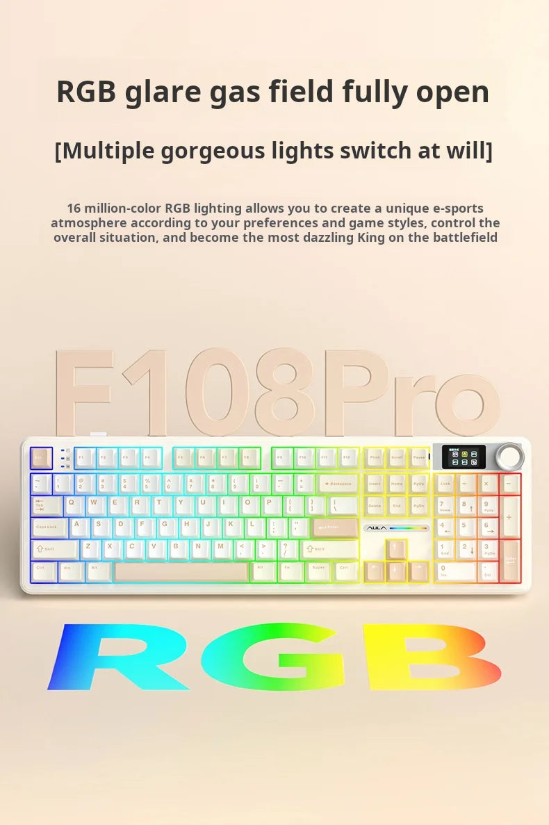 AULA F108Pro/F108 Wireless Bluetooth tri-mode connection, multi-functional display, Gasket structure, RGB lighting effects Deals 4 U   Deals 4 U