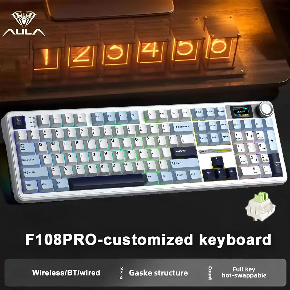 AULA F108 Pro Gaming Mechanical Keyboard Tri Mode Custom Multi-Knob Screen RGB Esports Wireless Keyboard with TFT Smart Display