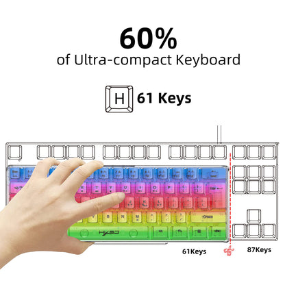 HXSJ 60% Wired Transparent Gaming Keyboard, RGB Backlit Ultra-Compact Waterproof Small Compact 61 Keys Keyboard for PC/Mac