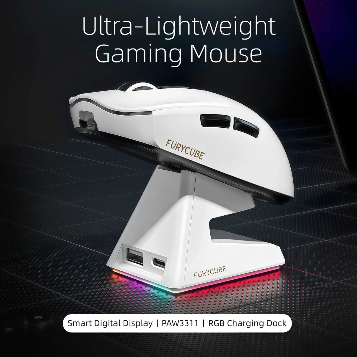 Ultra Light Gaming Mouse Wireless 59g 12000DPI 3-Mode Connection PAW3311 Sensor RGB Base Station Smart Display Professional Mouse Gamer