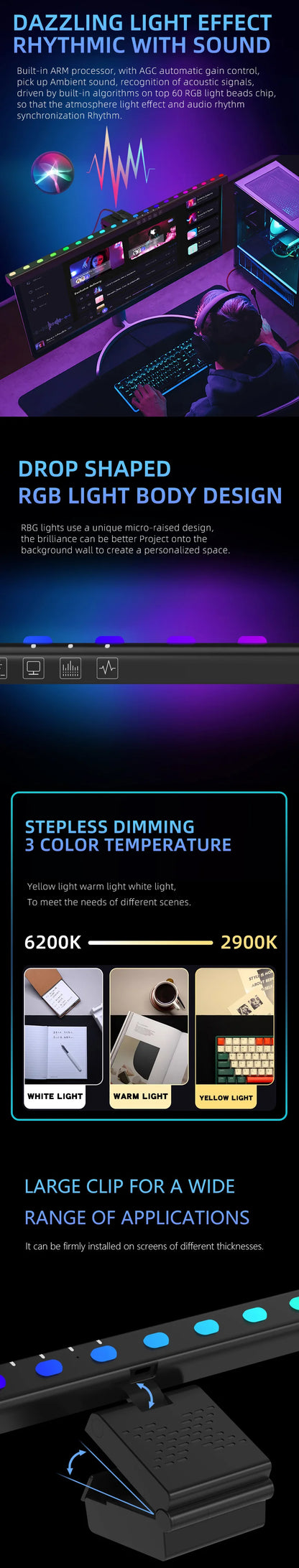 Computer Monitor Light Bar RGB Music Rhythm Screen Hanging Lights Dimming Desk Lamp Reading Gaming Table Lighting