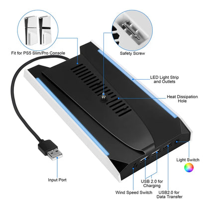 For PS5 Slim/PS5 Pro Vertical Cooling Stand Base RGB VR Headset Controller Charger Dock Station W/ 3-Speed Cooling Fan For PS5