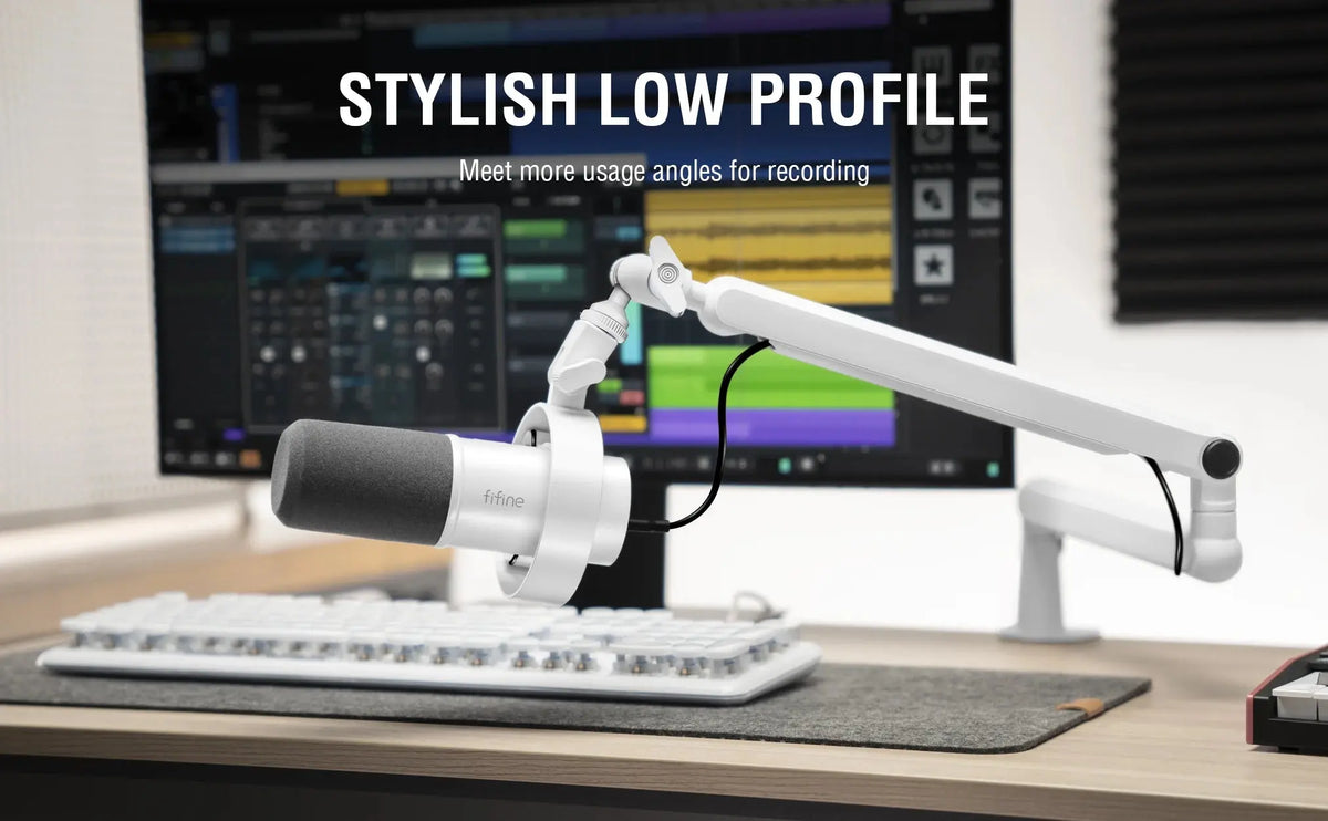 FIFINE Microphone Boom Arm, Adjustable Low Profile Mic Arm with Desk Mount Clamp,Cable Storage for Streaming Gaming-White BM88W Deals 4 U  Streaming Equipment Deals 4 U