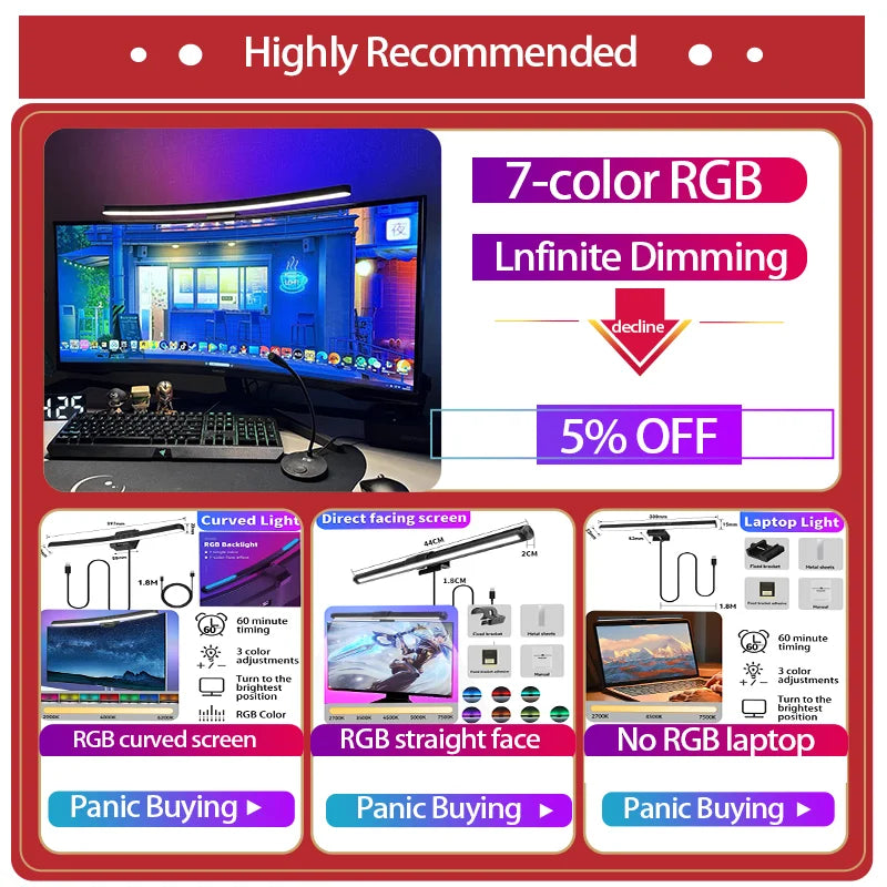 Led Curved Monitor Light Bar USB Table Lamp RGB Stepless Dimmable Hanging Office Desk Decorations Lighting For Computer Reading