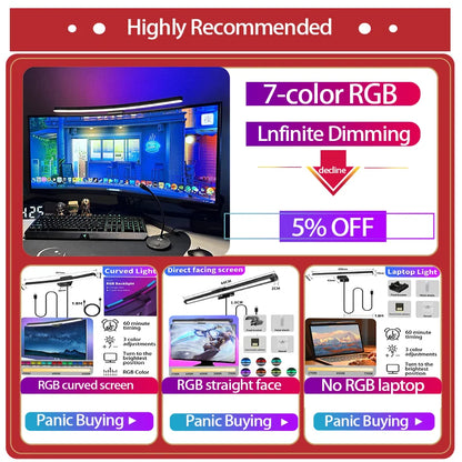 Led Curved Monitor Light Bar USB Table Lamp RGB Stepless Dimmable Hanging Office Desk Decorations Lighting For Computer Reading