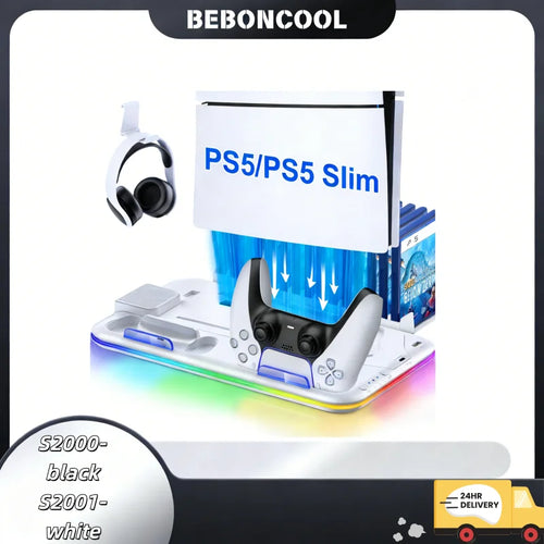 BEBONCOOL S2000 PS5 Slim Stand | 3-Gear Cooling RGB Light Dual Charger 15 Game Slot Headset Holder for Disc/Digital Pro Gaming