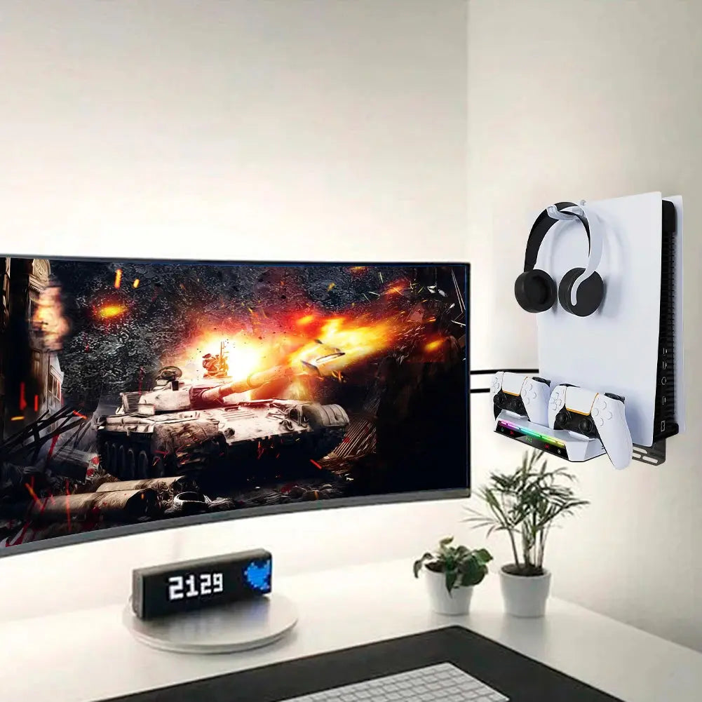 For PS5/PS5 Slim Wall Mount Kit With Dual Controller Charging Station Controller Headset Holder For Playstation 5 Accessories Deals 4 U  Console Accessories Deals 4 U