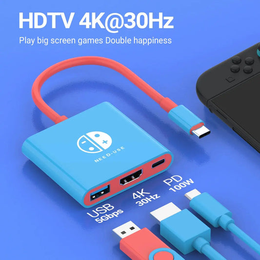 3 In 1 USB C HUB Type C to HDMI 4K with PD 100W Fast Charging USB 3.0 Docking Station for Switch MacBook Laptop Computer Phone Deals 4 U  Console Accessories Deals 4 U