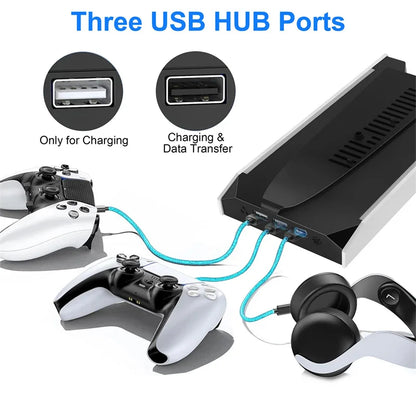 For PS5 Slim/PS5 Pro Vertical Cooling Stand Base RGB VR Headset Controller Charger Dock Station W/ 3-Speed Cooling Fan For PS5