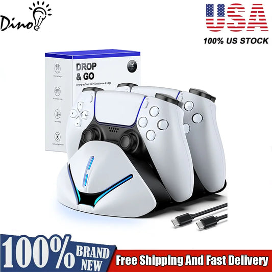 DinoFire FC600 Drop & Charge Station for PS5 - Dual Fast Dock for 2 DualSense, 2H/3H Fast Charge, Type-C, LED for PS5 Controller