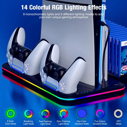 BEBONCOOL S2000 PS5 Slim Stand | 3-Gear Cooling RGB Light Dual Charger 15 Game Slot Headset Holder for Disc/Digital Pro Gaming