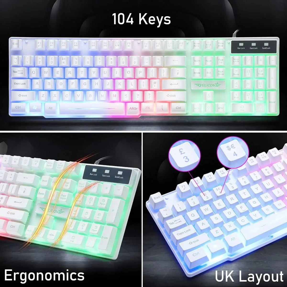 MAMBASNAKE T11 UK 100% Gaming Keyboard&Mouse&Headset&Mouse Pad Combo Set Rainbow Backlit Keyboard, 2400DPI 4 Buttons USB Wired Deals 4 U  Gaming Accessories Deals 4 U