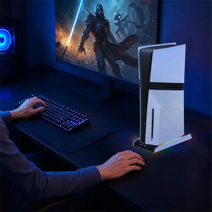 For PS5 Slim/PS5 Pro Vertical Cooling Stand Base RGB VR Headset Controller Charger Dock Station W/ 3-Speed Cooling Fan For PS5