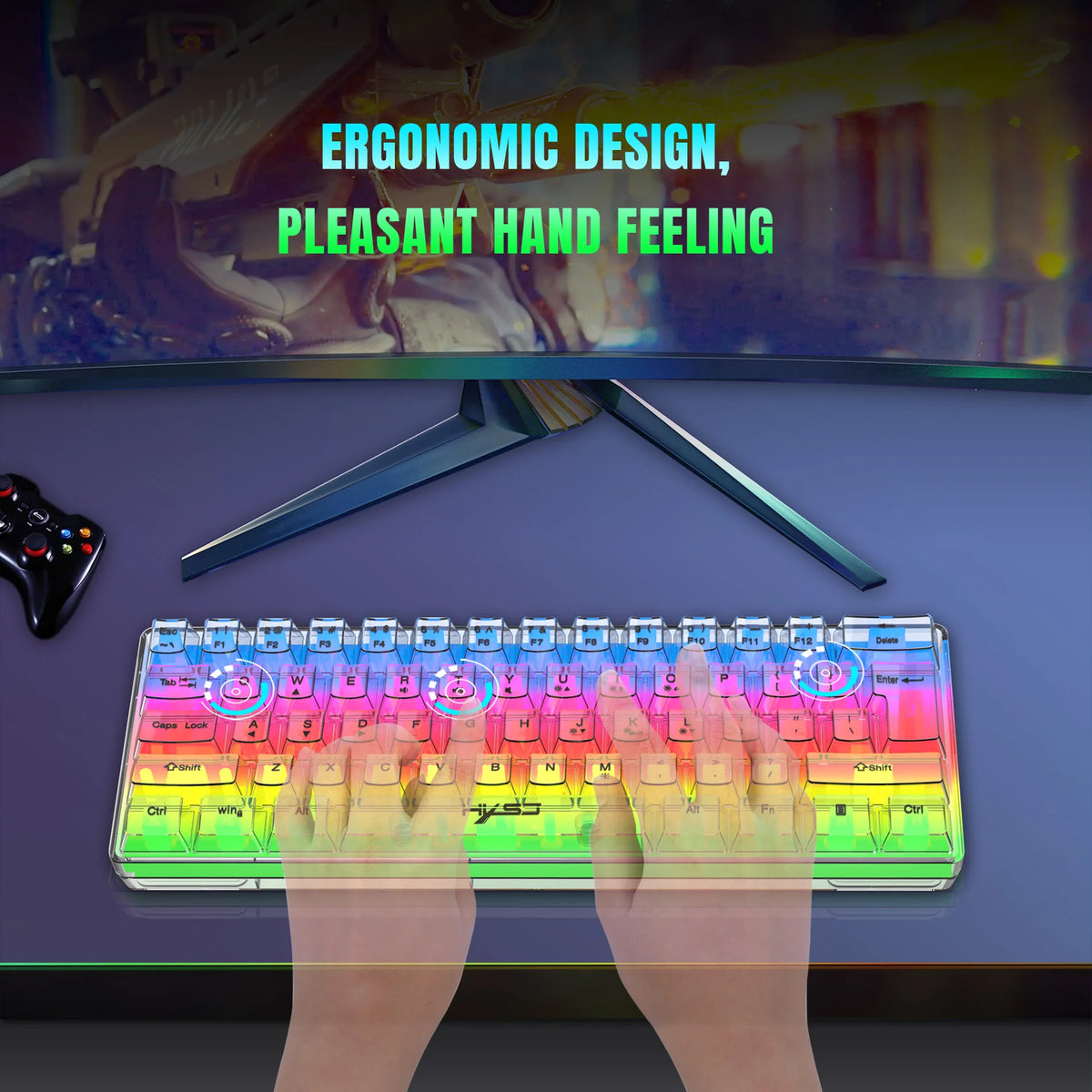 HXSJ 60% Wired Transparent Gaming Keyboard, RGB Backlit Ultra-Compact Waterproof Small Compact 61 Keys Keyboard for PC/Mac