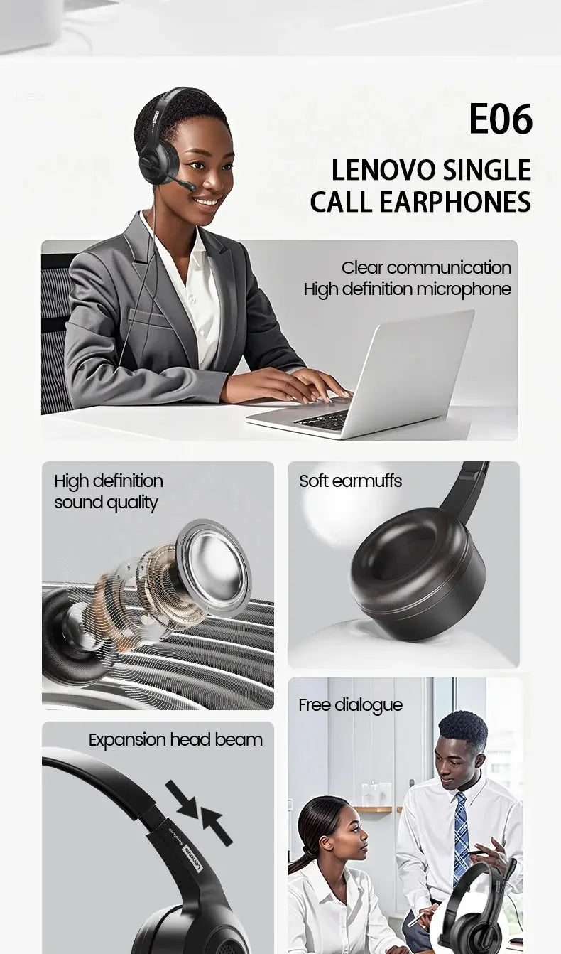 Lenovo E06 Single Ear Wired Headphone With Microphone Stereo Effect Business Meeting Office HD Call Scalable Gaming Headsets Deals 4 U  Gaming Accessories Deals 4 U
